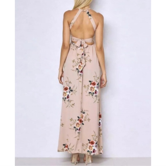 Floral Front Slit Open Back Halter Boho Maxi Dress - Picture 3 of 5